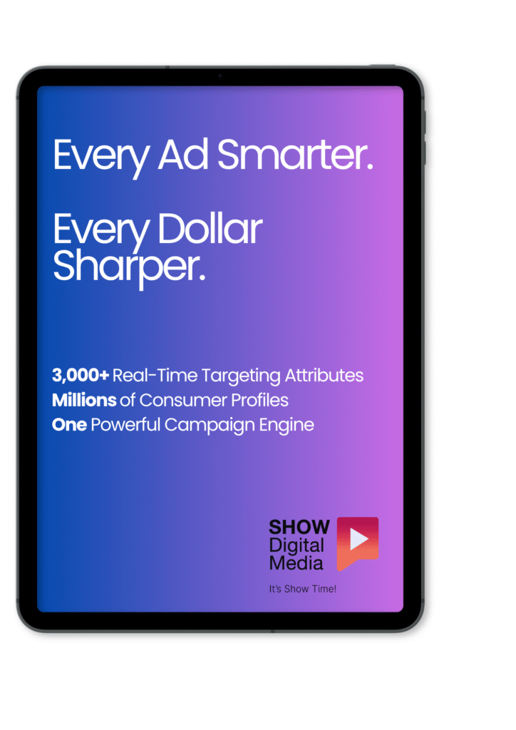Smart advertising graphic showing 1,000+ real-time targeting attributes and millions of consumer profiles, by SHOW Digital Media